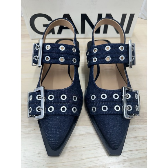 Ganni Size 39 Double-Buckled Blue Denim Ballerina Shoes Flats - NEW - Picture 7 of 11
